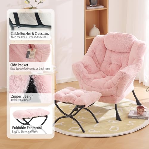 Lazy Chair with Ottoman, Modern Accent Chair with Armrests and a Side Pocket, Plush Pink Accent Chairs, Reading Chairs, Oversized Armchairs for Bedroom, Study, Living Room, Courtyard