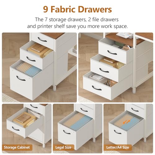 98.4" Long Computer Desk with 9 Drawers, 2 Person Gaming Desk with LED Lights & Power Outlet, Two Person Home Office Desk with Storage, Printer Shelf ＆ Monitor Stand, Brown and White
