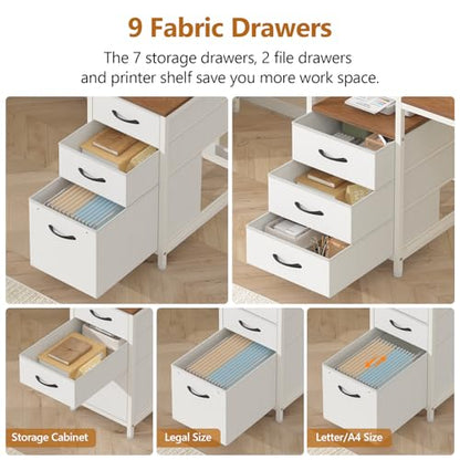 98.4" Long Computer Desk with 9 Drawers, 2 Person Gaming Desk with LED Lights & Power Outlet, Two Person Home Office Desk with Storage, Printer Shelf ＆ Monitor Stand, Brown and White