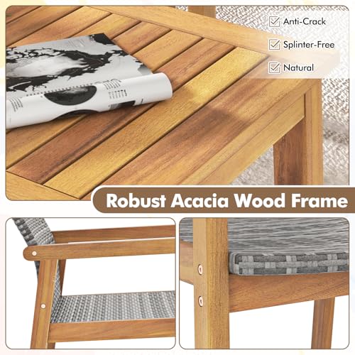4 Pieces Outdoor Furniture Set, Acacia Wood Frame Sofa Set w/Rattan Seat & Back, Patio Conversation Set w/Coffee Table for Balcony, Poolside, Backyard (Mix Gray)