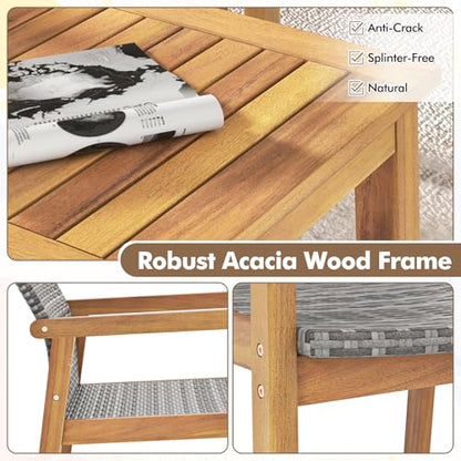 4 Pieces Outdoor Furniture Set, Acacia Wood Frame Sofa Set w/Rattan Seat & Back, Patio Conversation Set w/Coffee Table for Balcony, Poolside, Backyard (Mix Gray)