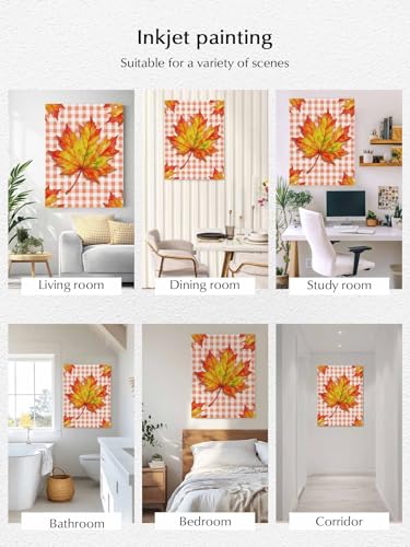 NuYeBiofx Fall Thanksgiving Maple Leaves Canvas Wall Art Prints,30"x20" Framed Picture Artwork Plaid Background Printed Canvas Oil Painting for Living Room Bedroom Office,Ready to Hang