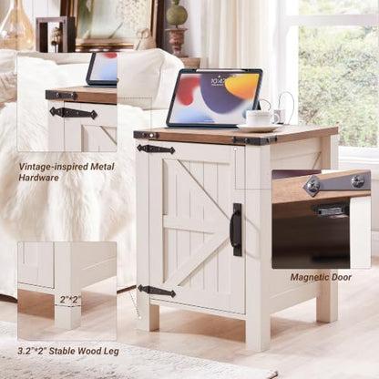 18" Farmhouse End Table Set of 2, Antique White | Rustic Nightstand, Charging Station, Barn Door, Adjustable Storage Shelf, Wood Sofa Side Table, Living Room, Bedroom