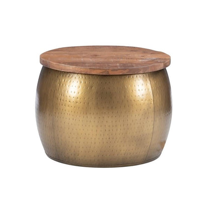 Large Drum Accent Table, 27.5 in, Mango Wood & Hammered Brass Finish, Hidden Storage, Modern Coffee Table or Ottoman, Handcrafted Decorative Furniture for Living Room or Bedroom