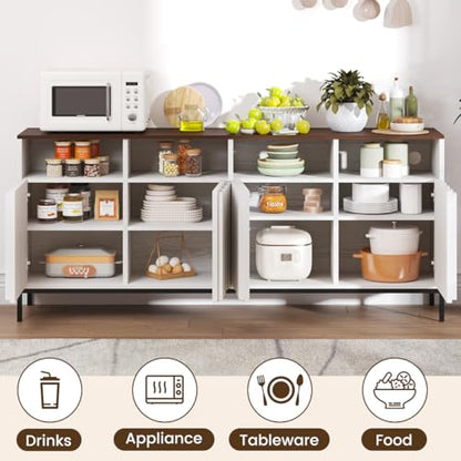 COCO DESIGN 70" Large Buffet Sideboard Cabinet with Power Outlets & Adjustable Shelves, Modern Farmhouse Accent Storage Credenza Console for Kitchen, Living Room, White