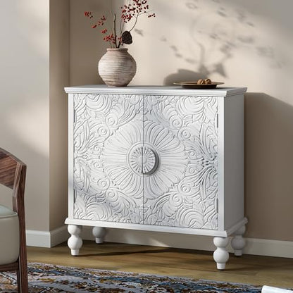 Solid Wood Buffet Cabinet, Accent Cabinet, 2 Carved Doors, White, view 7