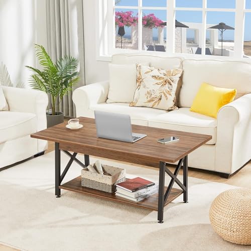 Coffee Table with Storage, 39 inch Modern 2-Tier Coffee Tables for Living Room, X-Frame Design Farmhouse Coffee Table Space Saving Living Room Tables, Easy Assembly, Walnut