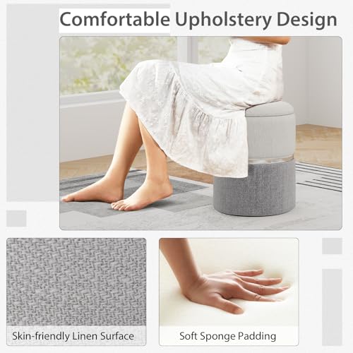 Ottoman with Storage - Set of 2 Storage Ottomans, 1 Large & 1 Small Nesting Ottoman Side Table, Upholstered Linen Round Foot Rest Vanity Stool for Bedroom Living Room (Gray)