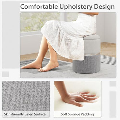 Ottoman with Storage - Set of 2 Storage Ottomans, 1 Large & 1 Small Nesting Ottoman Side Table, Upholstered Linen Round Foot Rest Vanity Stool for Bedroom Living Room (Gray)