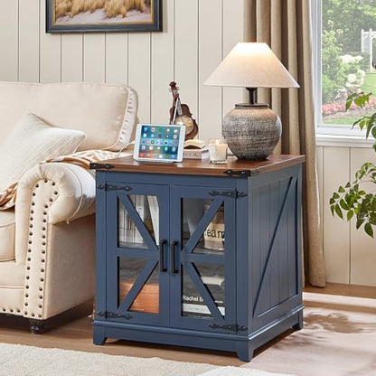 Farmhouse End Table with Charging Station, 24" Large Sofa Side Table with Glass Barn Door, Blue Nightstand with Adjustable Storage Shelf,Wood Square Bedside Table for Living Room,Bedroom