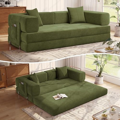 78.8''Sleeper Couch Bed for Livingroom,Convertible Modular Sofa with Armrest Pillow,Modular Foldable Corduroy Couches in a Box,No Assembly (Green)
