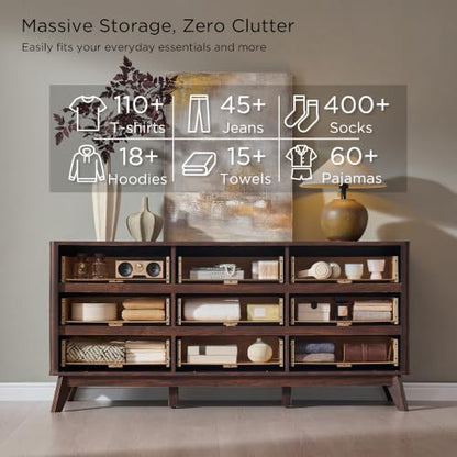 63" Wide Fluted 9 Drawer Dresser for Bedroom, Dark Walnut, view 5