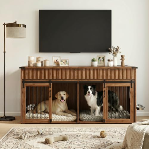 71" Double Dog Crate Furniture, Wooden Dog Kennel with Divider, Walnut, view 2