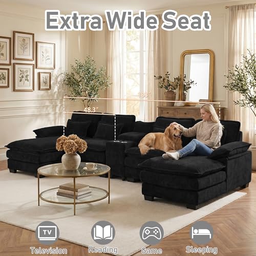 133" Oversized U Shaped Cloud Couch Modular Sectional Couches for Living Room Comfy Chenille Deep Seat Sofa Set with Double Chaise Lounge, Storage Central Console, Cup Holders, USB Port, Dark Black