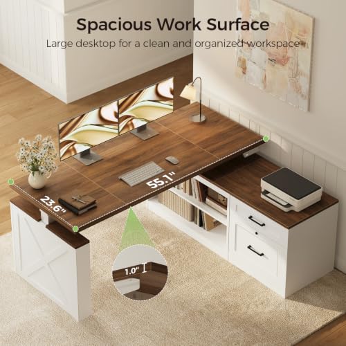 55 Inch Farmhouse L Shaped Electric Standing Desk, Walnut+White, view 5