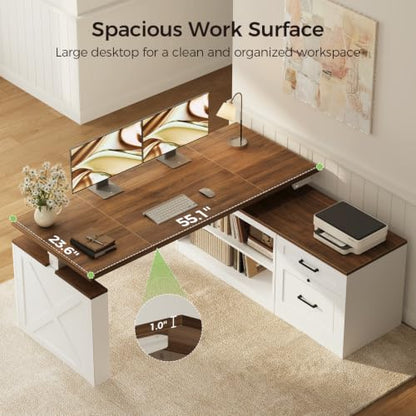 55 Inch Farmhouse L Shaped Electric Standing Desk, Walnut+White, view 5