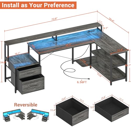 L Shaped Desk with Power Outlet, Reversible L Shaped Computer Desk with File Drawer & Monitor Stand, Gaming Desks with LED Strip, Home Office Desks with Storage Shelf, Grey Oak