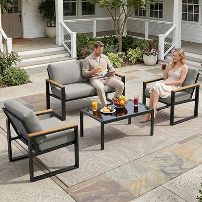 4 Pieces Patio Furniture Sets,Outdoor Metal Sectional Furniture Modern Patio Conversation Set,Fauxwood Anti-Scald Armrest,Sling Mesh,Tempered-Glass Table,4" Olefin Cushions
