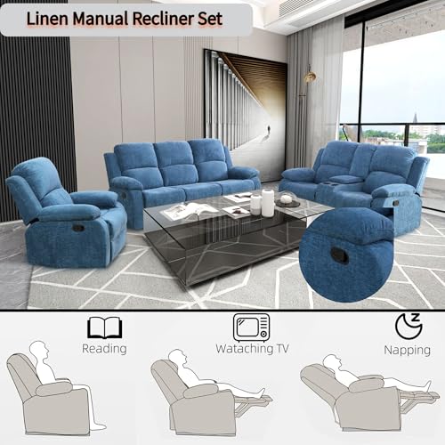 Modern Recliner Sofa Couch Set, 80" Wide, Blue, Vegan Leather/Fabric, 6-Seater, Sectional, Reclining, Easy Assembly