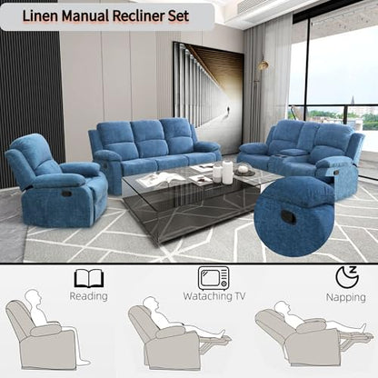 Modern Recliner Sofa Couch Set, 80" Wide, Blue, Vegan Leather/Fabric, 6-Seater, Sectional, Reclining, Easy Assembly
