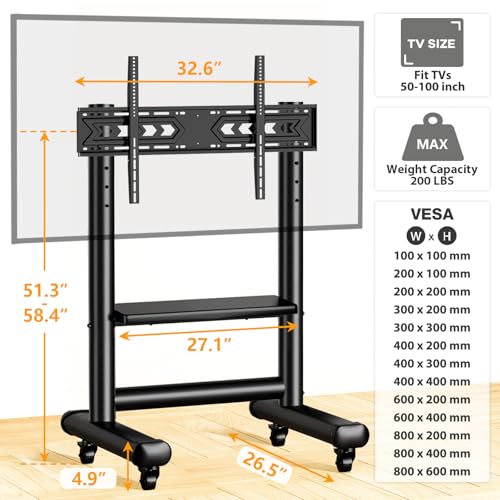 Heavy Duty Rolling TV Stand for 50-98 Inch TVs Holds up to 200 Lbs | Outdoor TV Stand with Height Adjustment and Large Shelf, Floor TV Stand with Wheels, Max VESA 800x600mm, Black