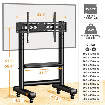 Heavy Duty Rolling TV Stand for 50-98 Inch TVs Holds up to 200 Lbs | Outdoor TV Stand with Height Adjustment and Large Shelf, Floor TV Stand with Wheels, Max VESA 800x600mm, Black