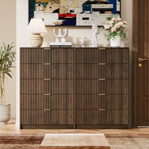 Walnut Dresser for Bedroom, Tall Dresser with 5 Drawers and Smooth Slides, view 7