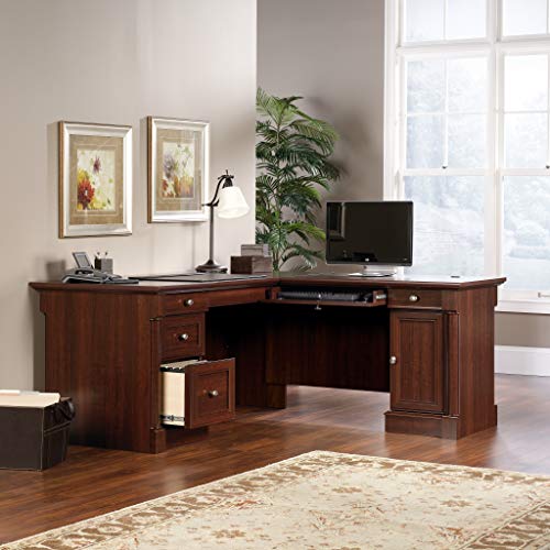 Palladia L Shaped Desk with Drawers, Office Desk with File Cabinet Storage, Cable Management, Keyboard Tray, in Select Cherry finish