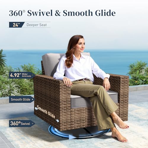 Swivel Glider 5 Piece Outdoor Furniture Set with Swivel Chairs, Wicker Patio Furniture with 4.92" Wide Armrest, 26.3" Deep Seating and 5.5" Thick Cushions, Grey