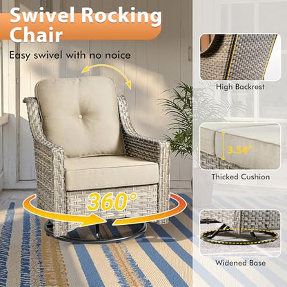 10 PCS Outdoor Patio Furniture Sets, Patio Conversation Sets Outside Rattan Soft Cushion Sofa with 4 Wicker Rocking Chairs & 54 in Fire Pit Table Fit Backyard Porch Garden Poolside Balcony,Beige