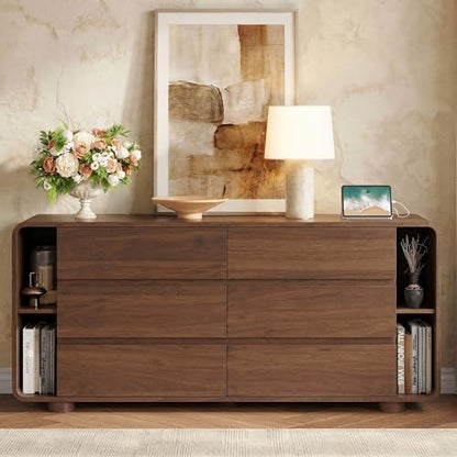 63 Inch 6 Drawer Dresser with Shelves, Rounded Corner, Walnut, view 4