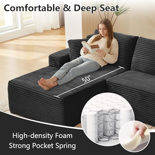 103" Black Boneless Couches for Living Room, L-Shaped Cloud Sectional Sofa with Chaise, Corduroy Foam Compression Modular Set for Apartment Home Office, No Assembly Required