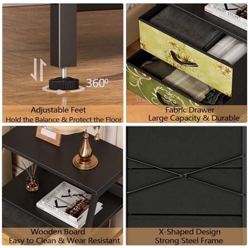5 Drawer Dresser, Vertical Storage Tower Fabric Dresser for Bedroom, Hallway, Entryway, Nursery, Closet Organizer, Nightstand Bedside Table Furniture, Sturdy Steel Frame, Wood Top
