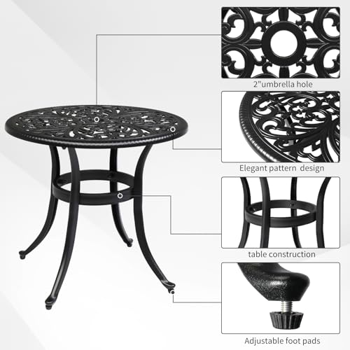 23.6" Cast Aluminum Round Patio Table with Umbrella Hole - All Weather Outdoor Bistro & End Table (Black)