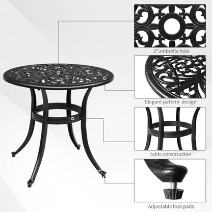 23.6" Cast Aluminum Round Patio Table with Umbrella Hole - All Weather Outdoor Bistro & End Table (Black)