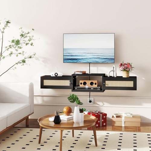Modern Rattan Floating TV Stand with Doors, view 6
