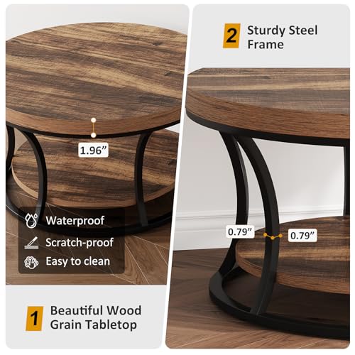 Round Coffee Table for Living Room, 2-Tier Circle Coffee Table with Storage, Accent Center Table Modern Design, Rustic Brown and Black