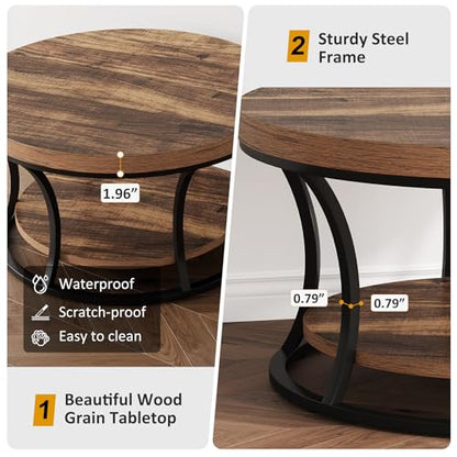 Round Coffee Table for Living Room, 2-Tier Circle Coffee Table with Storage, Accent Center Table Modern Design, Rustic Brown and Black