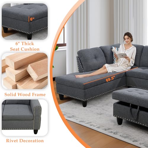 Sectional Sofa Couch, Modern 4-Seaters Living Room Furniture Sets with Chaise Lounge, Ottoman & 2 Pillows | L Shape Couch | Cup Holder | Linen Fabric, Dark Gray