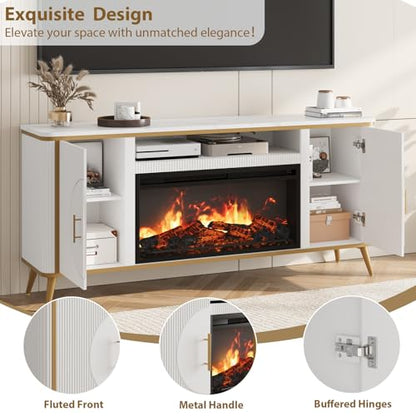 Fluted Fireplace TV Stand Up to 80" TVs, Modern Entertainment Center with 30" Electric Fireplace, Luxury Media Console with Adjustable Shelves for Living Room, White