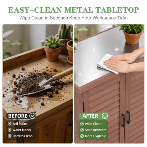 Outdoor Storage Cabinet with Metal Tabletop, Cedar Wood Garden Workstation | Metal Work Surface，Ample Storage Capacity，Natural Wood Construction，Garden Tool Organization，Patio & Garden Furniture