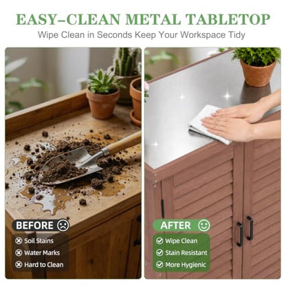 Outdoor Storage Cabinet with Metal Tabletop, Cedar Wood Garden Workstation | Metal Work Surface，Ample Storage Capacity，Natural Wood Construction，Garden Tool Organization，Patio & Garden Furniture