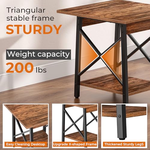 Square End Table 24 Inch with X-Frame 2-Tier Storage | Nightstand for Living Room & Bedroom, Rustic Decor, Sturdy, Waterproof Scratchproof Top, Easy Assembly, Walnut
