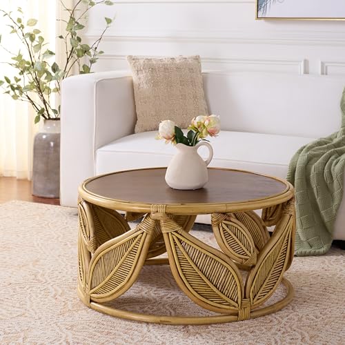 SAFAVIEH Furniture - Lusine Round Coffee Table - Honey Brown Wash & Solid Wood with Leaf Design - Boho Living Room Accent Table, 31.1" W x 31.1" D x 16" H (COF6520B)