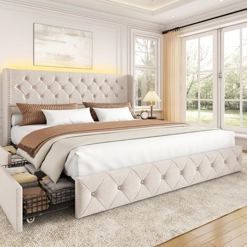 King Size Bed Frame with 4 Storage Drawers and Wingback Headboard, view 2