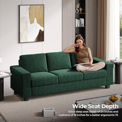 3 Seater Sofa Couch with Deep Seat, 90" Modern Upholstered Sofa with Armrests, Easy Installation, Comfy Couches for Living Room, Apartment, Green