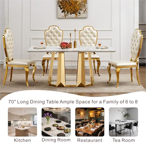 Marble Dining Table for 6 People, 70'' Rectangle Faux Marble Dining Table with Mirrored Stainless Steel Base, Large Size Marble Kitchen Table (Gold,White)(only Table)