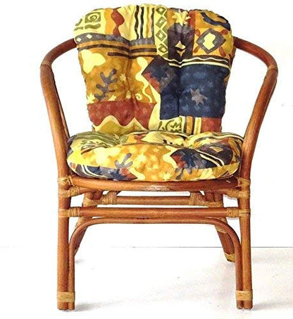 Lounge Set of 3: 2 Natural Rattan Wicker Bahama Armchairs with Cushion and Round Coffee Table Handmade Tropical Style, Cognac