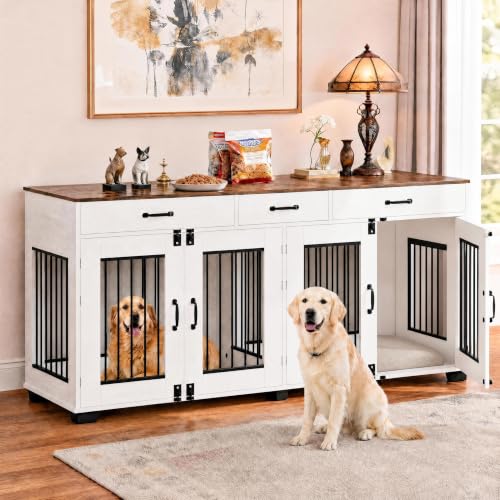 71-Inch Wooden Double Dog Crate with 3 Drawers, Brown & White, view 2