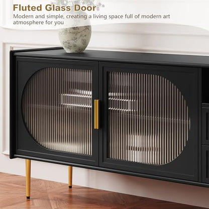 Modern 60” TV Stand for 55/60/65 inches TVs, Glass Door TV Console Table with Drawers, Entertainment Center with Storage, Black Television Stands, Wood Media TV Cabinet, Living Room